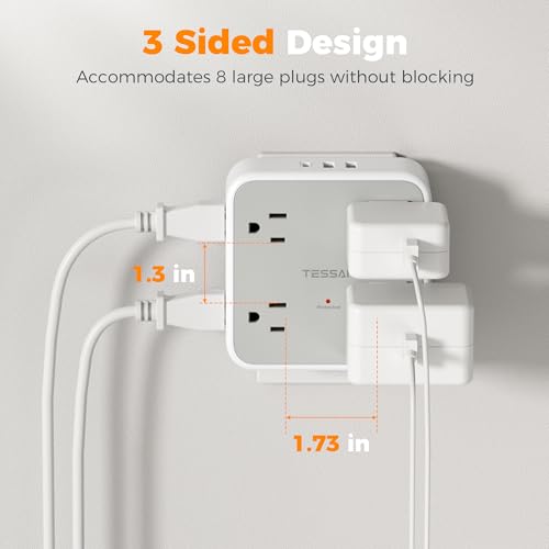 Multi Plug Outlet Extender, TESSAN 900J Surge Protector Plug Extension Block, 8 Outlet Splitter with 3 USB Ports (1 USB C), Electrical Socket for Home Office Dorm Room Essentials,  image 7