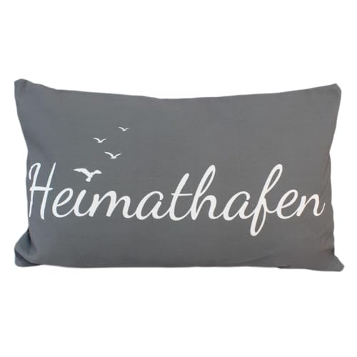 BEMIRO Heimathafen Dekokissen, 53x31 cm, Grau mit Weißer Schrift und Möwen, Polyester