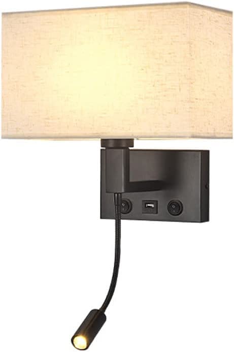 Reading Wall Light Square Fabric Lamp Shade - Modern Hardwired Sconce Black Metal Finish with Push Button Switch + USB Charging Socket, Flexible Gooseneck Spotlights for Bedside Lighting (Beige)