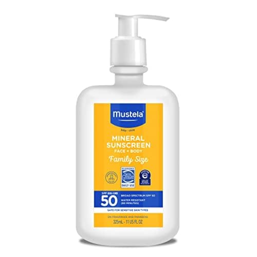 Image of Mustela Baby Mineral Sunscreen Lotion SPF 50 Broad Spectrum - Face & Body Sun Lotion for Sensitive Skin - Water Resistant & Fragrance Free - Regular & Family Size