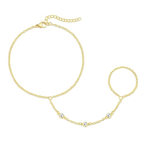 Gokeey Gold Hand Chain Bracelet for Women Trendy, Dainty 14k Gold Plated Ring Bracelet Hand Chain Finger Ring Slave Cuff Bracelet Cubic Zircon Hand Jewelry for Women Accessories