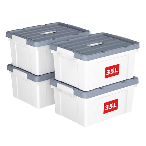 Cetomo 35L*4 Aufbewahrungsboxen, Tragbare Plastikboxen mit Deckeln, Organizer-Behälter mit Griff und Clips, Stapelbar, Ineinander Nestbar, für Zuhause und Büro, Weiß, 35L-4er Pack
