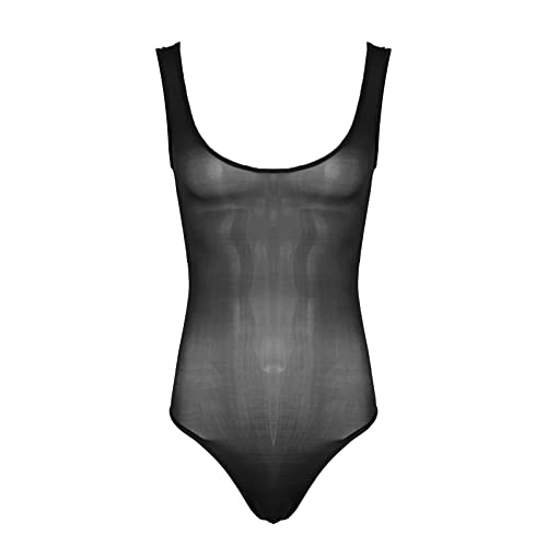 Chictry Men's Shiny Oil Mesh Sheer Bodysuit Sissy Thong Leotard Sleeveless Transparent Nightwear Black One Size #TOP5