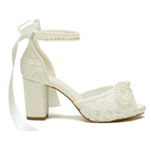 Image of Lace Pearl Wedding Shoes for Bride High Heel Bridal Shoes Peep Toe Platform Wedding Heels
