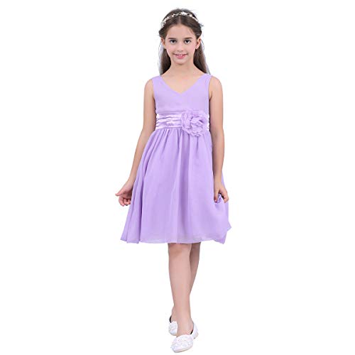 Kids Girls Flower Girl Chiffon Bowknot Back Sleeveless V-Neck A-line Wedding Dress Party Dress