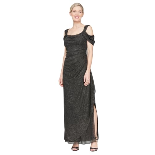 Image of Plus Cold Shoulder Glitter Mesh Dress with Draped Skirt & Cowl Neckline