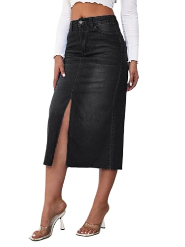Women’s Front Split Denim Long Skirts High Waist Slim Fit A Line Skirts Solid Color Street Casual Jean Maxi Skirts