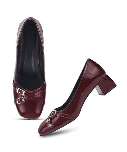 Image of JM LOOKS Elegant Double Buckle Block Heels with Glossy Patent Finish and Sophisticated Low Heel for Daily Comfort