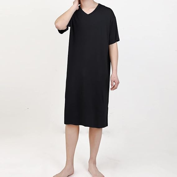 ZEEREE Men Nightshirts Viscose Night Sleep Shirts Comfy Short Sleeve V Neck Nightgown Robe Sleep Gowns Nightwear for Sleeping2