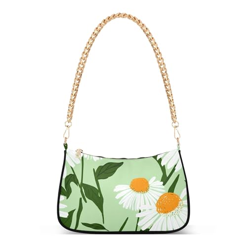 White Coneflower Daisies Green Hobo Evening Purse Women Clutch Handbag Pattern Ladies Shoulder Bag Floral Zipper Closure