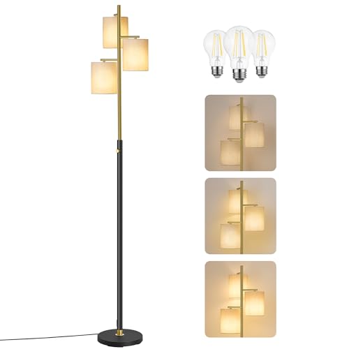 VASAGLE Stehleuchte, Standleuchte, Stehlampe mit 3 Glühbirnen, verstellbare Helligkeit, modern, Lampenschirm aus Stoff, 3 E27 Fassungen, gold-schwarz LFL003B02