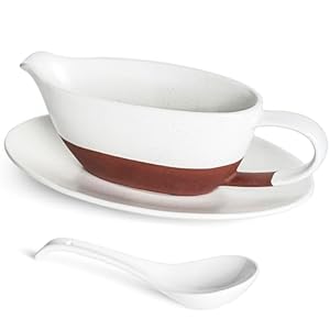 LE TAUCI 16 OZ Gravy Boat with Ladle and Saucer, Ceramic Gravy Bowl with Tray and Ladle for Christmas Dinner, Drip-Proof Lip Dispenser, Microwave and Dishwasher Safe, Brown-Red and White