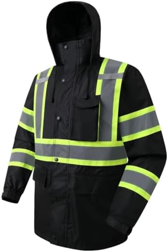 JKSafety Hi-Vis Reflective Safety Rain Jacket for Men Women Waterproof Rain Gears for Farming Fishing Work HV Rain Jacket with Inner Mesh Lining and Pockets (117A-Black XL)