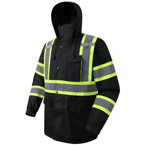JKSafety Hi-Vis Reflective Safety Rain Jacket for Men Women Waterproof Rain Gears for Farming Fishing Work HV Rain Jacket with Inner Mesh Lining and Pockets (117A-Black XL)