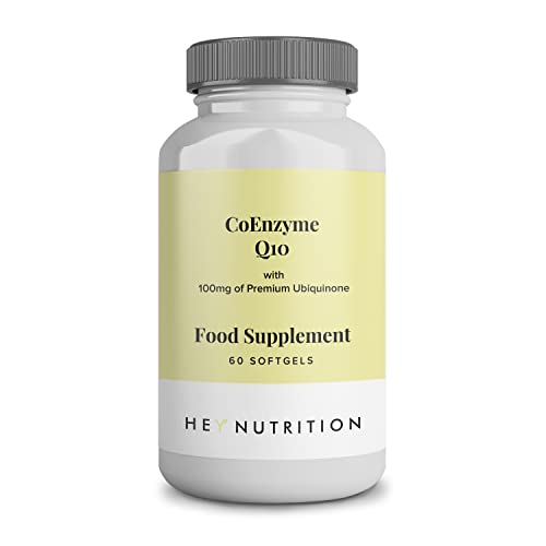 Hey Nutrition CoEnzyme Q10 Supplement - 100mg of Premium Ubiquinone - Boosts Antioxidant Enzymes - Contributes Nutrition for Vital Organs - Non-GMO & Pesticide-Free - Made in The UK - 60 Softgels