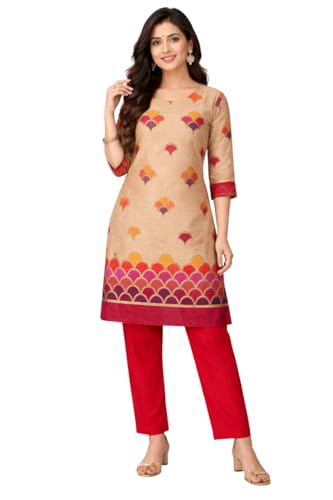 Image of Women's Cotton Blend Unstitched Kurti Set for Women | A-Line Style Dress Material | 2-Piece Traditional Ethnic Wear Suit Fabric