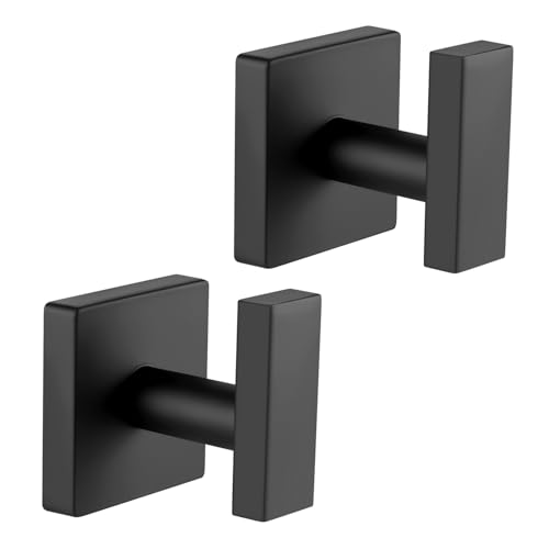 Image of (2-Pack) Matte Black Bathroom Towel Hooks, Stainless Steel Square Heavy Duty Wall Hooks Hanger for Bathroom Kitchen Holding Towels, Robes, Coats, Clothes