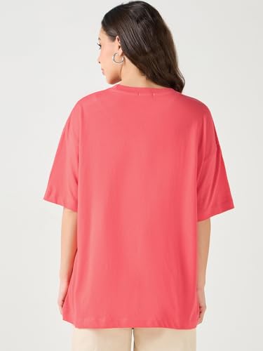 Image of Bewakoof Women's Solid Oversized Fit Half Sleeve Round Neck Cotton Jersey T-Shirt