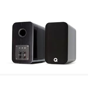 Q Acoustics Concept 300 Bookshelf Speakers Pair White & Ebony + Speaker Stands – 2 Way Reflex Enclosure, 6.5″ Mid/bass Driver, 1.1″ Tweeter – Stereo Speakers for Home Theater Surround Sound