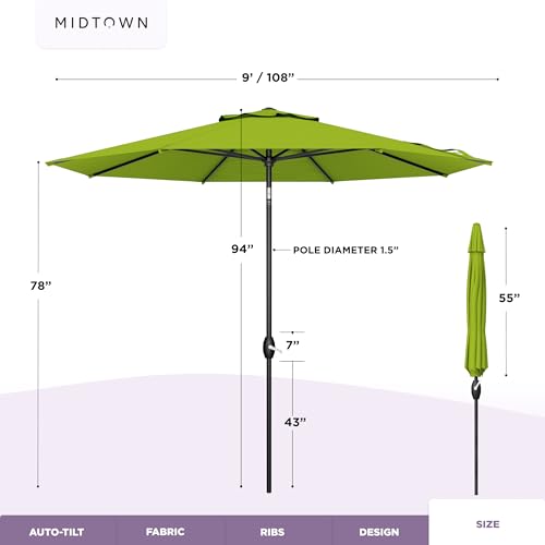 Image of Midtown Umbrellas - 10-Year-No-Fade 9 Ft Patio Umbrella with Terylast Fabric, Auto-Tilt Aluminum Frame and 8 Reinforced Ribs for Deck, Pool, Garden & Beach - Pear Green Canopy, Black Pole