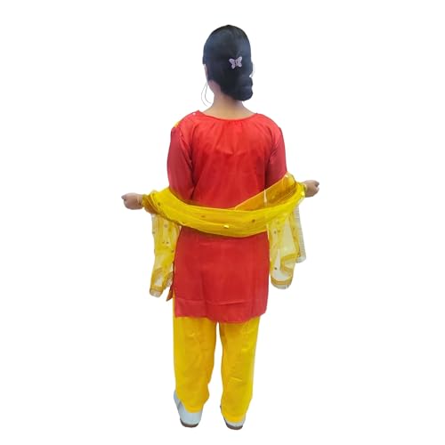 Image of Kaku Fancy Dresses Punjabi Girl Ethnic Costume for Kids - Red & Yellow Salwar Suit Dress with Dupatta | Indian State Fancy Dress for Girls (14-17 Years)