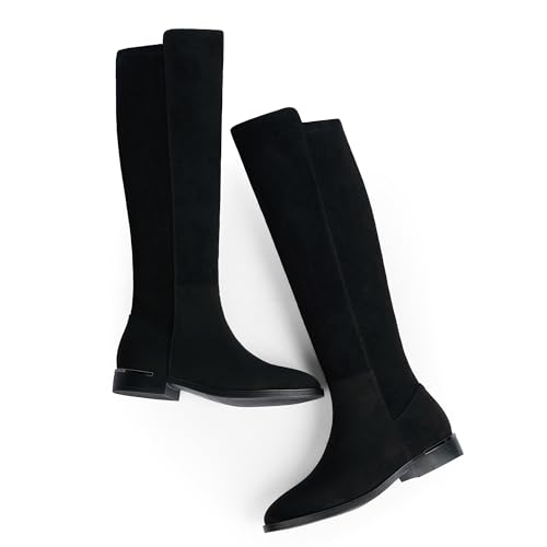 Image of Modatope Rounded Toe Flat Stretchy Dress Knee High Boots Side Zipper | Suede Elastic Fall Winter Boots, Low Chunky Block Heel Riding Boots,2026 Fashion Womens Tall Long Boots