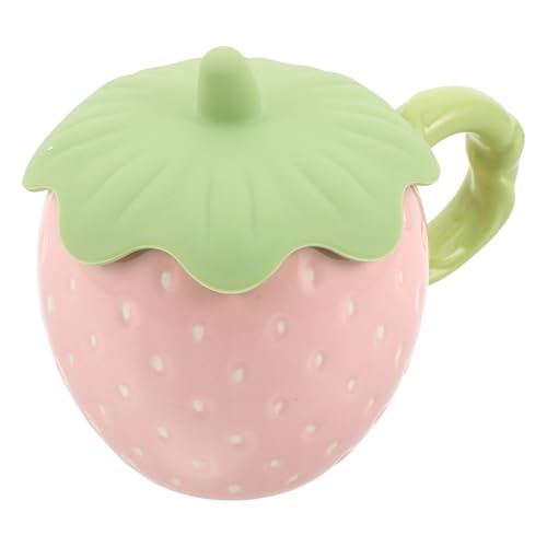 FESTFENDS Taza de café con forma de fresa - Taza de agua de cerámica creativa con forma de fruta, tapa y asa de silicona - Bonita de porcelana, regalo ideal para mujeres en la merienda o la fiesta