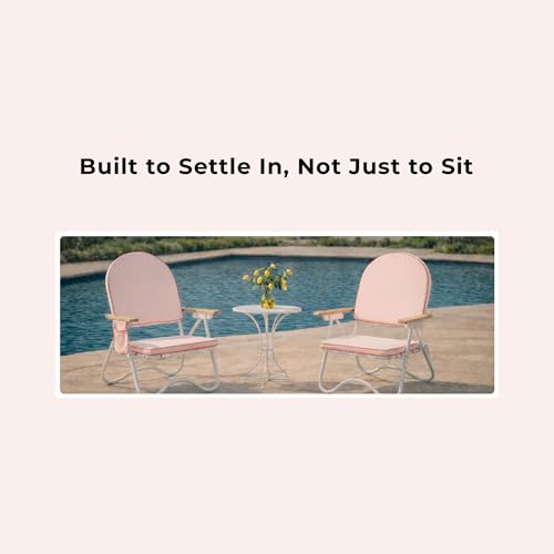 Image of Padded Low Beach Chair, 4-Position Folding Outdoor Chair with Wooden Armrests, Cushioned Seat, Storage Pouch & Carry Strap for Beach, Patio and Lawn, Harbour Rose Pink