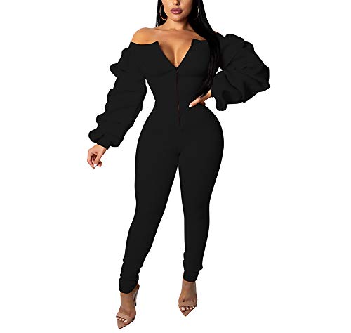 Ophestin Women Solid Long Sleeve Off Shoulder Zipper Front Sexy Jumpsuits Rompers Long Rompers Black S