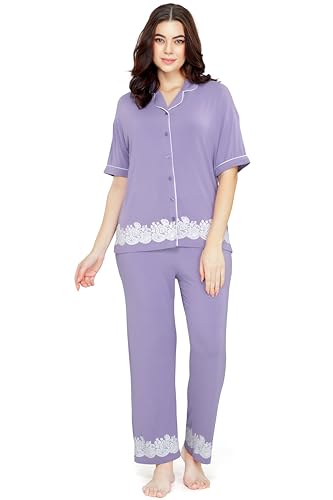 Image of ZEYO - Women's Viscose Floral Printed Night Suit Set of Shirt & Pajama Set