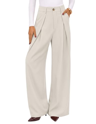 MEROKEETY Womens Wide Leg Palazzo Dress Pants High Waisted, Greige, X-Large