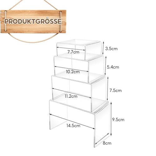 Acryl Display Ständer Transparent, 4 Stück Rechteckige Acryl Ständer, Abstandshalter für Display, Acryldisplay Risers, Cupcake Dessert Ständer für Schmuck Kosmetik Makeup Pop-Figuren Halterung