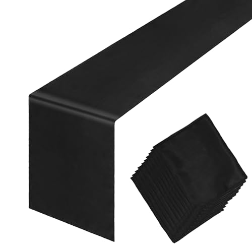 2PCS Black Satin Table Runner 12 x 108 Inch Long Party Table Runners Smooth Table Runner for Halloween Banquet Birthday Graduations Party Decorations