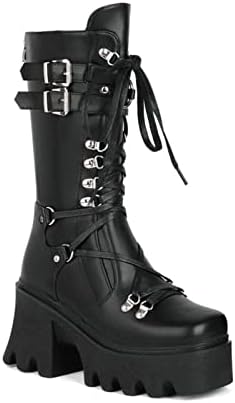 DXSYMJM Womens Platform Goth Punk Boots Chunky Block Heel Combat Mid Calf Knee High Boots,Black1,13