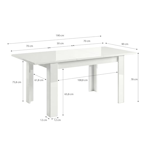 Miniatura 3 de Duehome Mesa De Comedor Extensible, Mesa Rectangular, Modelo Danna, Acabado En Blanco Brillo, Medidas: 140-190 Cm Largo X 90 Cm Ancho X 78 Cm Alto