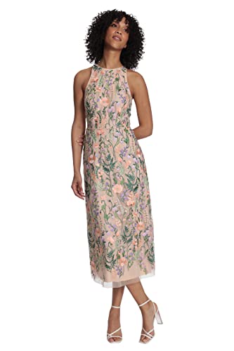 Maggy London Women's Floral Embroidered Halter Midi Dress With Back V-Neck, Red/Pink, 0 #TOP1
