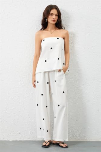 Conjunto de 2 piezas para mujer con pantalones de pierna ancha y top sin tirantes de lunares 4