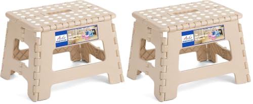 Image of ACKO Folding Step Stool 9 Inch 300 lb Capacity, Plastic Foldable Step Stools for Kids and Adults, Folding Stools Suitable for Kitchen, Stepping Stool with Handle Khaki 1PC (Pack of 2)