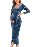 AISWI Velvet Maternity Cocktail Dress Long Sleeves Fall Winter Baby Shower Wedding Guest Holiday Pregnancy V Neck, Coronet Blue, Large