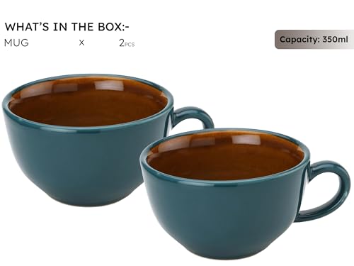 Image of Bodhi House Ceramic Soup and Coffee Wide Large Mug with Handle - Set of 2, 350 Ml Glossy Finish | Microwave Safe | for Maggi, Cappuccino, Latte, Green Tea - Cyan