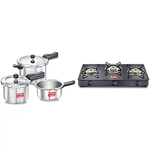 Prestige Svachh Aluminium 2+3+5 Litre Combo cooker with Induction Base + Prestige IRIS LPG Gas Stove, 3 Burner, Black