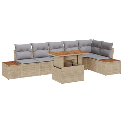 SooIarix Juego de sofás de jardín de 7 piezas de polirratán beige con espacio de almacenamiento, muebles modulares para exteriores para jardín y balcón, diseño mate, incluye mesa de jardín, perfecto
