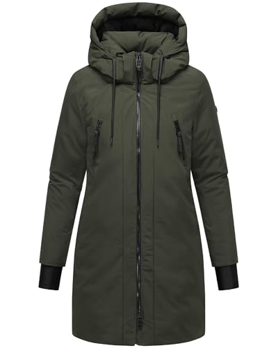 Navahoo Damen modischer Wintermantel warmer Parka mit (abnehmbarer) Kapuze und Rucksackträgern innen Winterzart 14 Dark Olive Gr. S