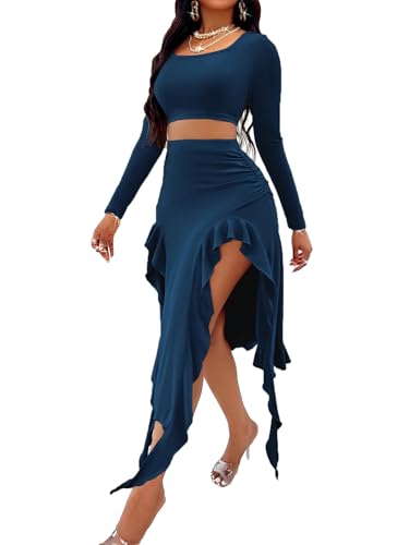 Image of BARASA Women Summer 2 Piece Skirt Sets Comfy Ruffle Trim Irregular Split Sexy Y2k Club Party Tops Jellyfish Skirt Suits S69