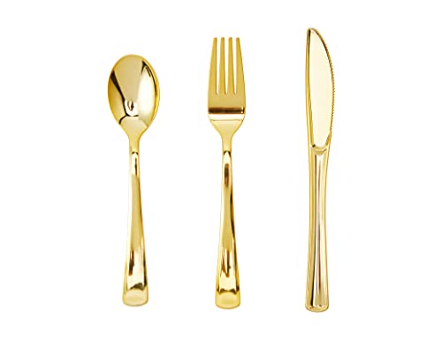 350 Pcs Gold Disposable Plastic Dinnerware Set For Party And Wedding 50 Guests Include 50 Plastic Gold Rim Dinner Plates 10.25" 50 Salad Plates 7.5" 50 Forks 50 Knives 50 Spoons 50 Cups 50 Napkins #TOP3