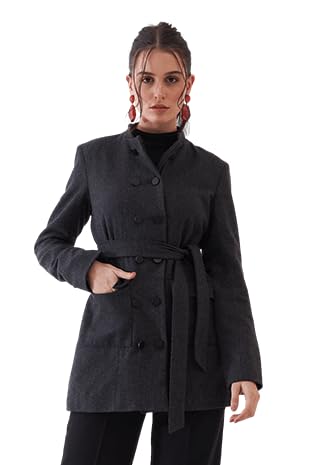 Elvira Grey Belted Button Embellished Blazer-image-2