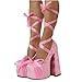 onlymakerheels Bow Lolita Platform Ankle Strap Lace-up Chunky Heel Ribbon Pumps Pink A Size8