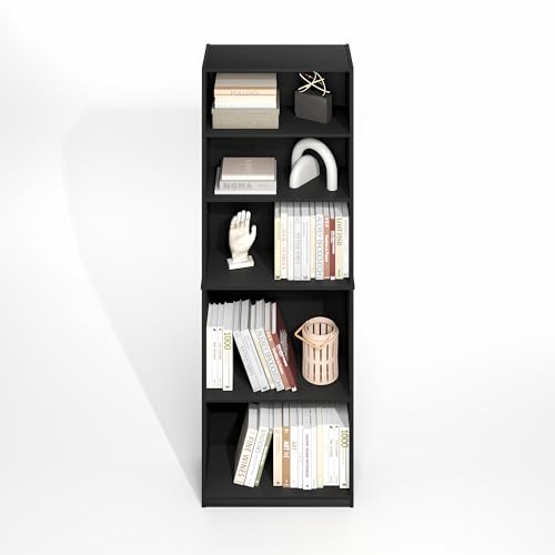Image of Furinno Jaya Simply Book Shelf, 5-Tier Bookshelf, Bookcase with Adjustable Shelves, 9.5 x 24.5 x 71.2, for Living Room, Bedroom, Home Office, Darkwood