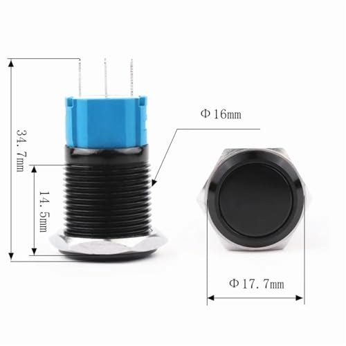 Bouton poussoir noir 16mm avec tête haute et mécanisme à impulsion - 3