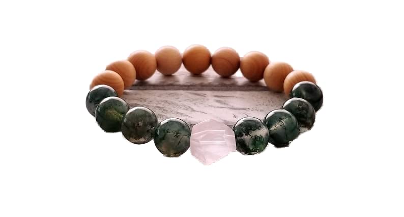 Bracelet agate et quartz rose pour méditation et sérénité, perles de santal unisexes 8mm